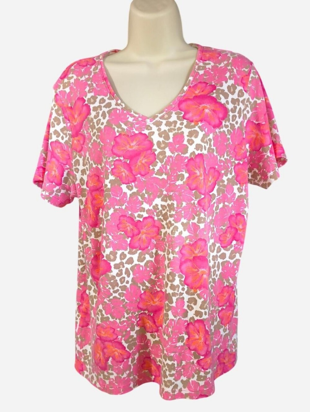 Falls Creek Pink Floral & Brown Leopard V-Neck Short Sleeve Top